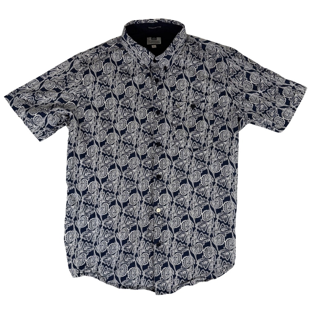 Weekend Offender Button Down Shirt Mens Large Navy Floral Paisley Short Sleeve